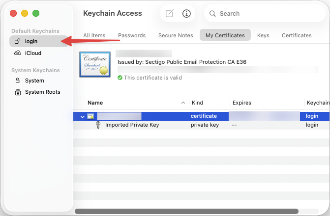 Showing that the keychain must be &ldquo;login&rdquo;